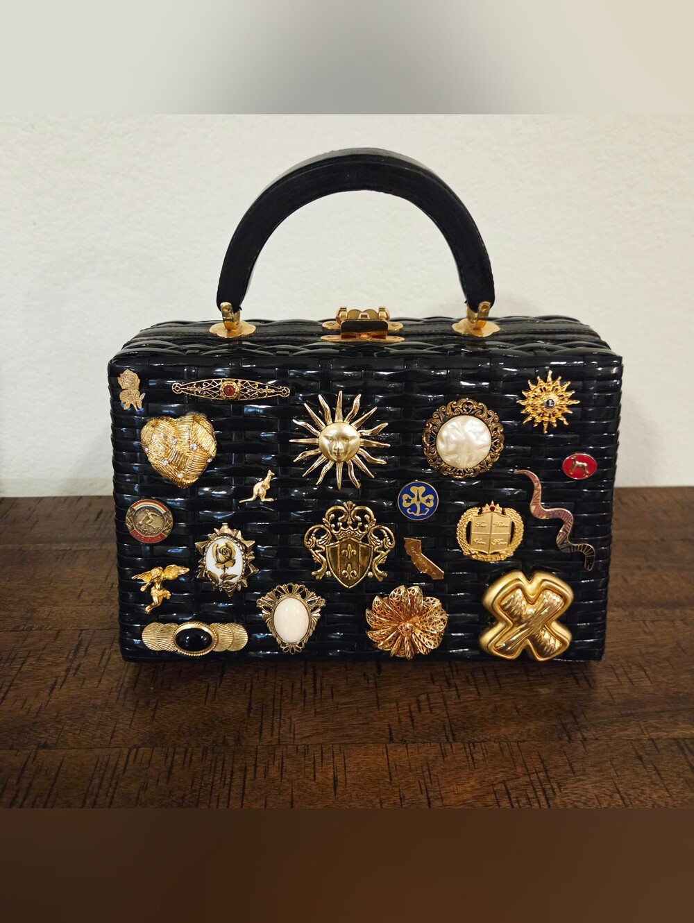 VTG Box Purse Bag Black Woven Gold Tone Latch Charm Brooch Embellished Repurpose